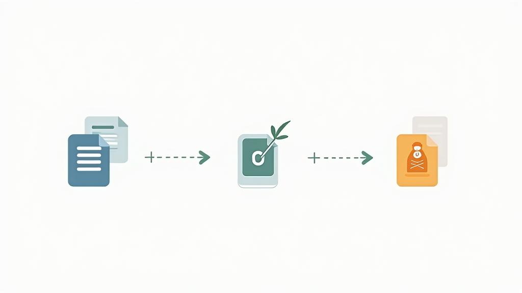 Minimalistische Illustration eines Formulars mit drei klaren Schritten und einem grünen Haken, der den erfolgreichen Abschluss symbolisiert
