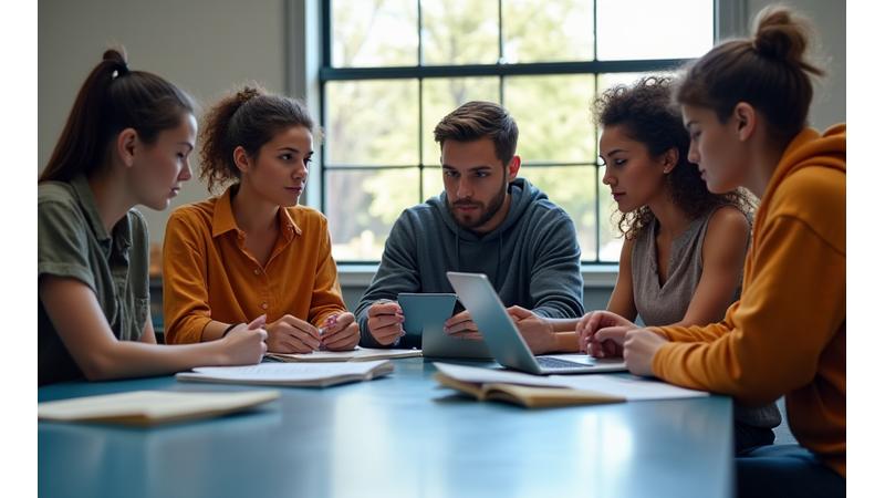 Vier Studierende sitzen an einem großen Tisch, lernen gemeinsam und diskutieren, symbolisiert vielfältige Studienphasen und die Unterstützung durch Finanzierung.